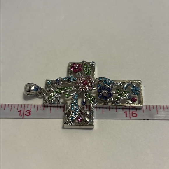 Kirks Folly Silver Tone Crystal Floral Design Cross Pendant 2-1/4” - Picture 5 of 5